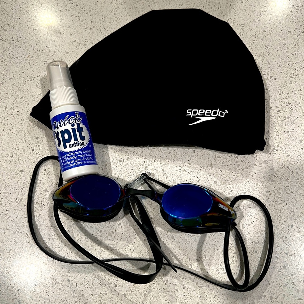 Adult Sized Swim Goggle, Swim Cap & AntiFog Spray